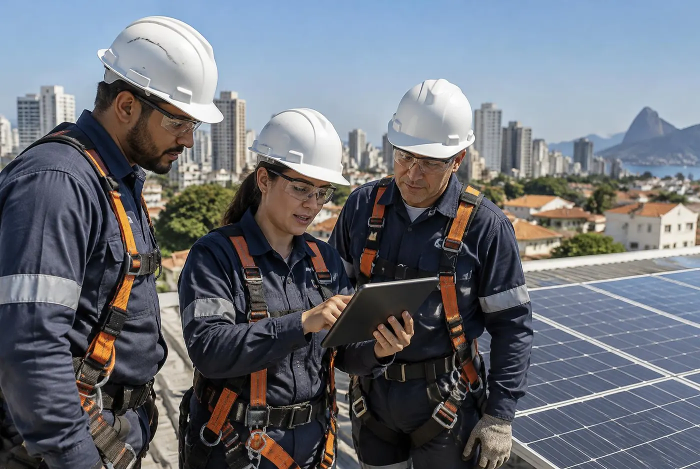 Imagem ilustrativa: equipe técnica com EPIs avaliando sistema solar em telhado
