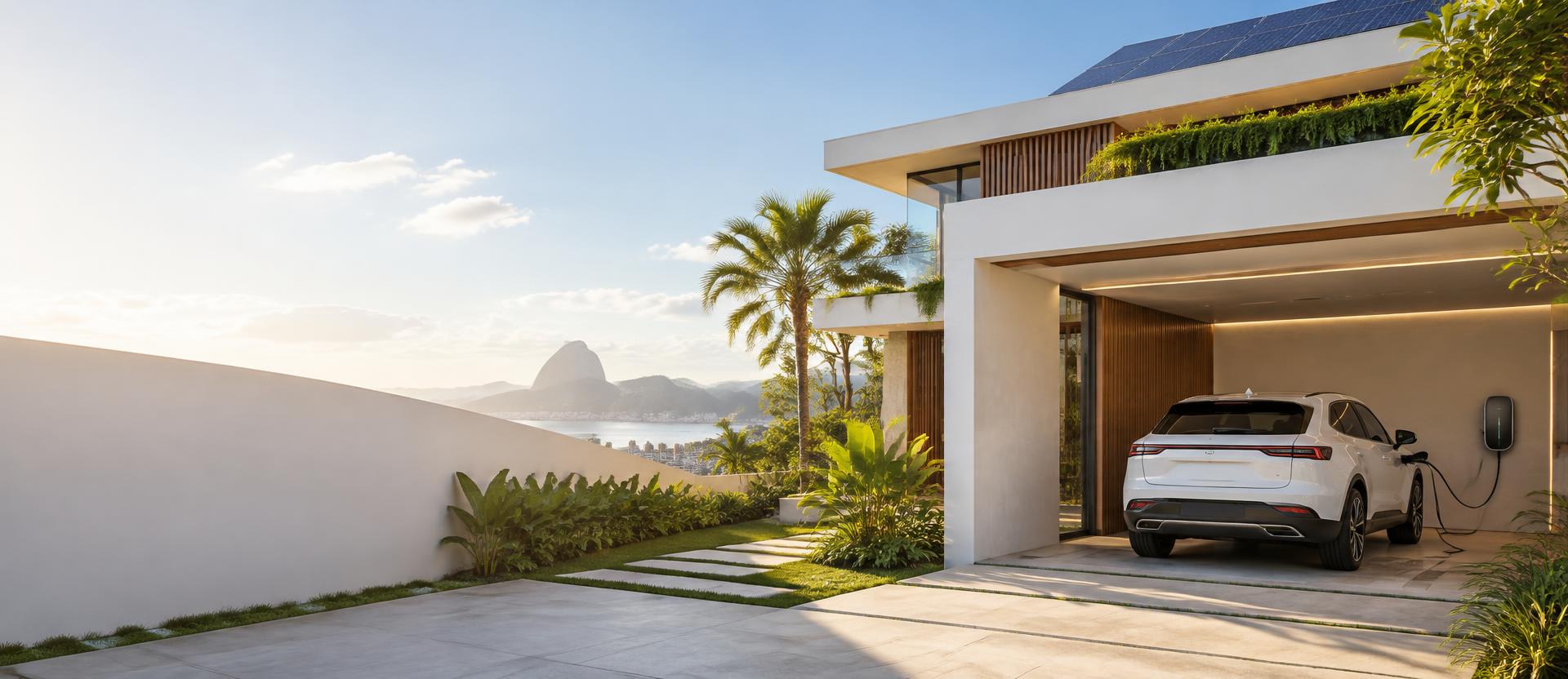 Composição ilustrativa de casa com energia solar, carro elétrico e wallbox