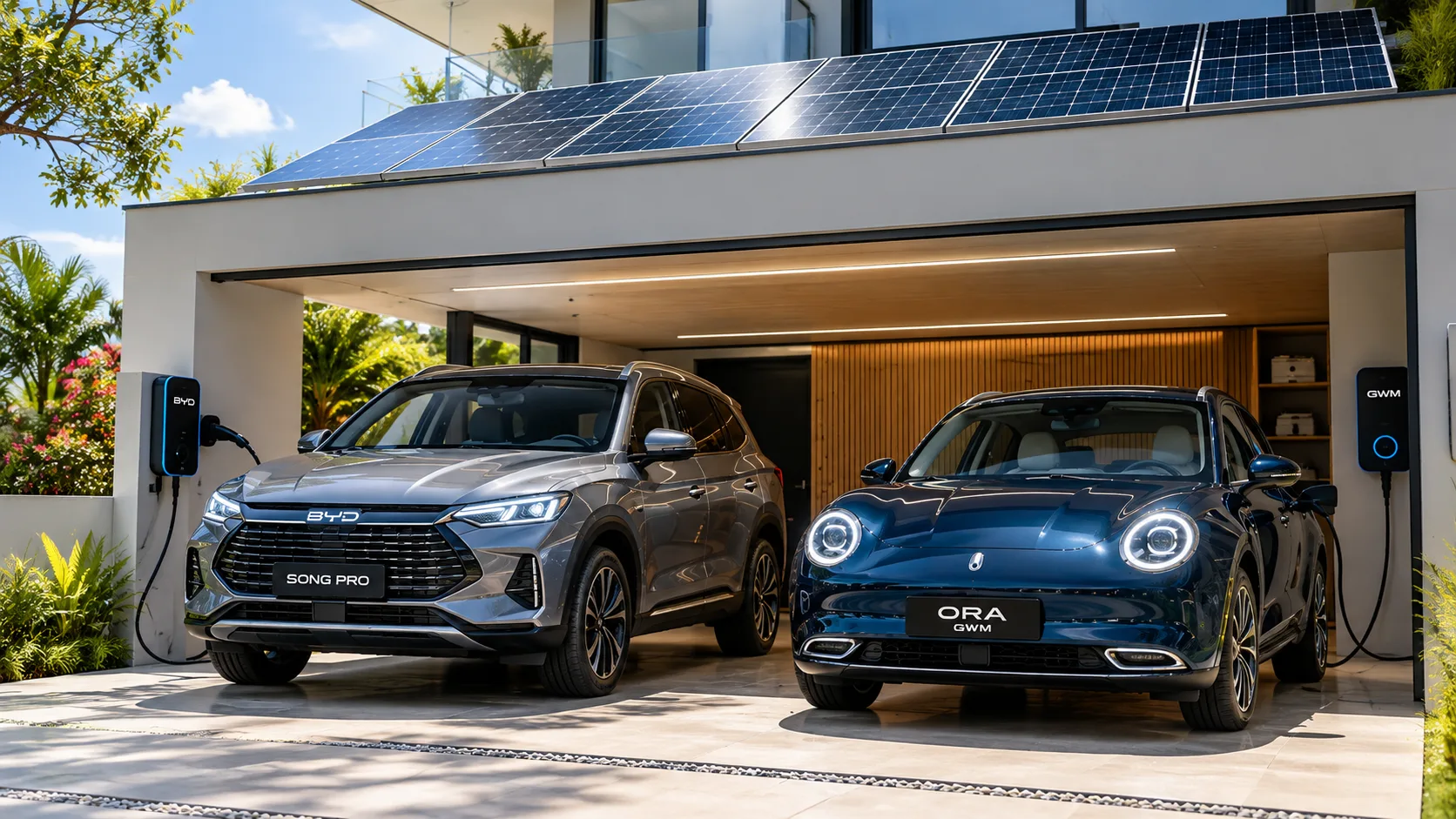 BYD Song Pro cinza e GWM Ora azul conectados a carregadores wallbox em garagem residencial com painéis solares no telhado