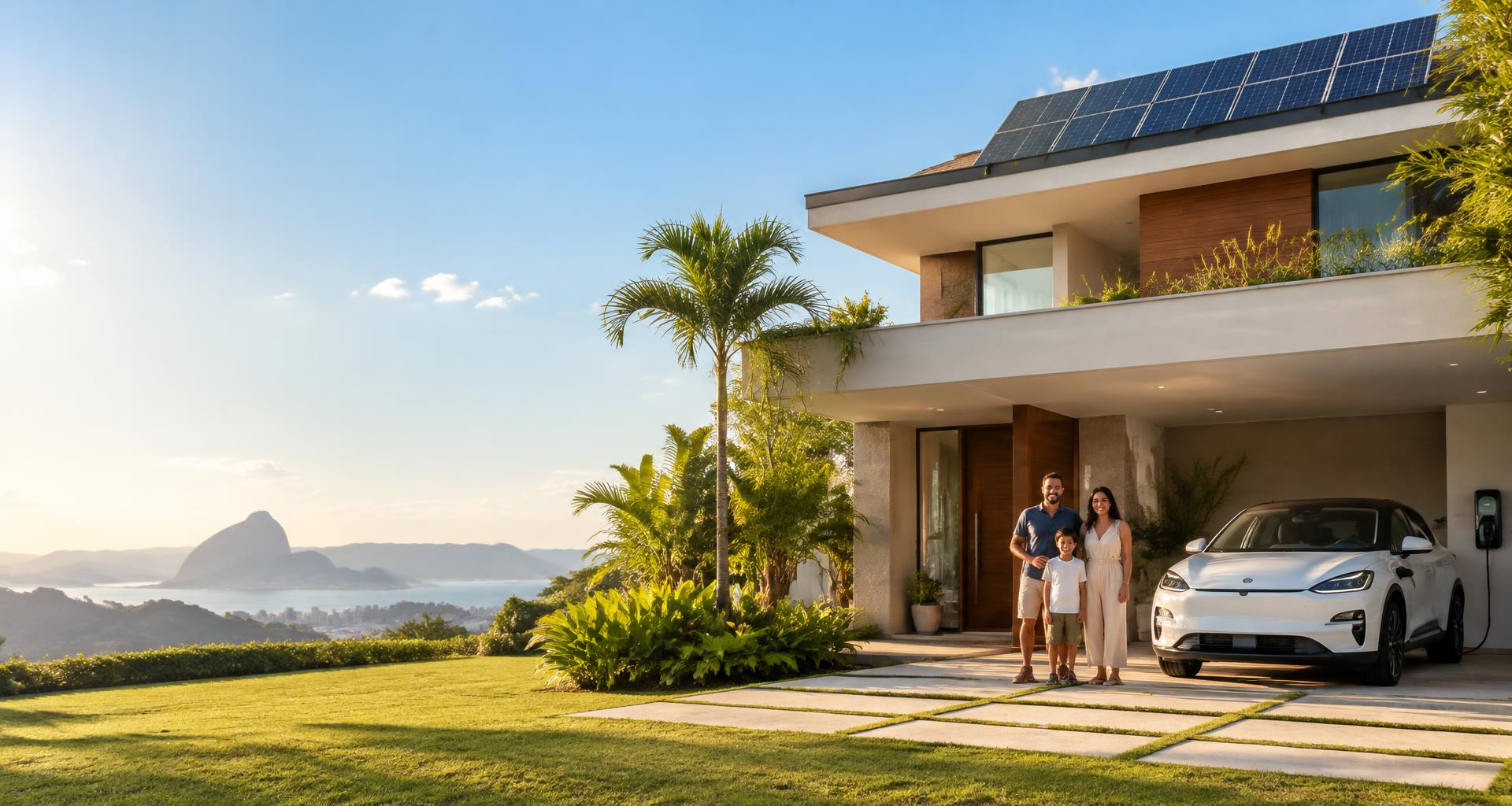 Residência brasileira com placas solares no telhado, carro elétrico e família em frente à casa