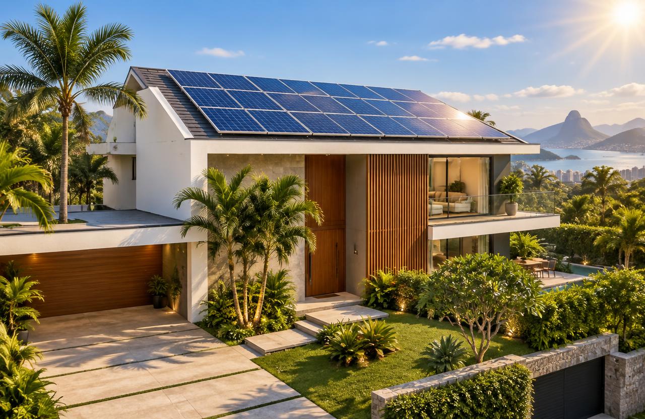 Imagem ilustrativa: residência moderna com módulos solares no telhado